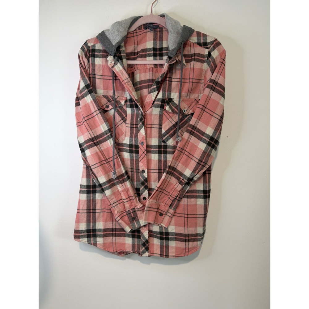 BECOOL Pink Black Plaid Flannel Hoodie Shirt Womens Large Long Sleeve Button Up